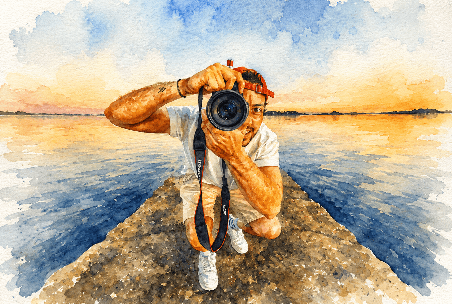 Karl, photographe-illustrateur, au coucher du soleil